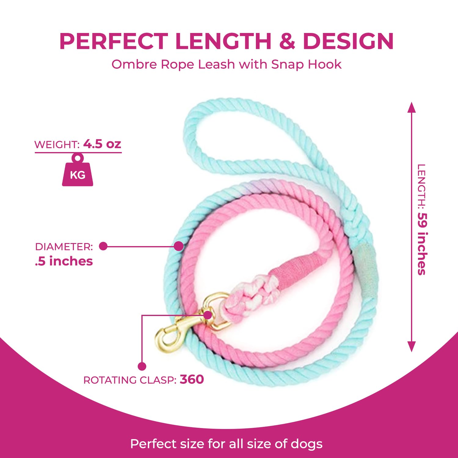 Glow Pups Blue And Pink Leash For Dogs, Handmade Organic Cotton Tie Dyed Rope Leash For Dogs With A Snap Hook, Dog Rope Leash, O