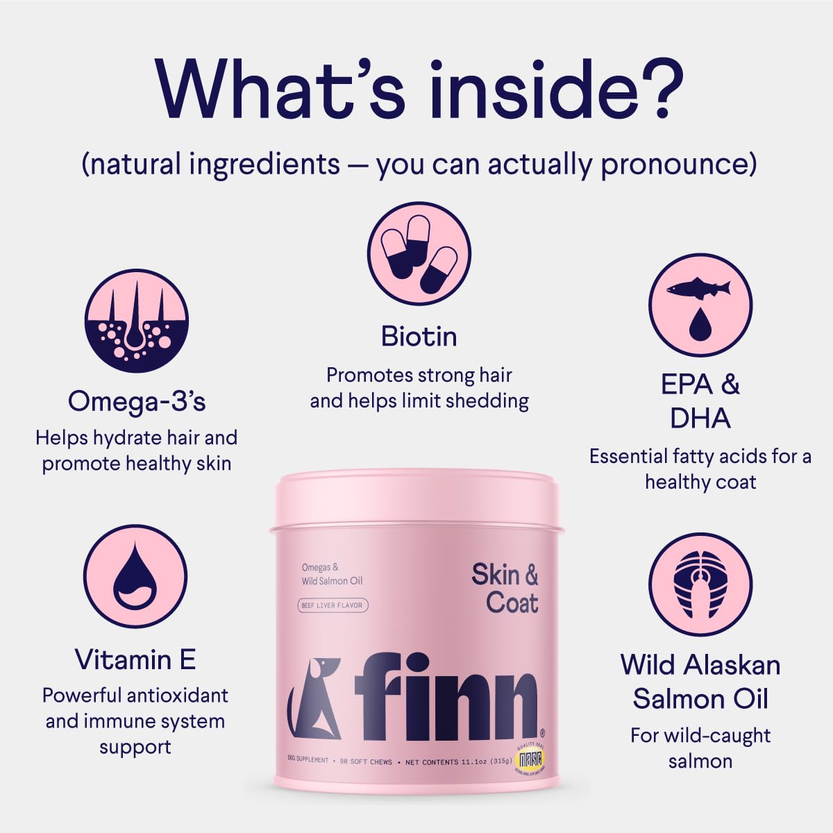 Finn Skin & Coat Salmon Oil Supplement for Dogs | Supports A Thick & Shiny Coat | Fish Oil from Wild Alaskan Salmon, Omega-3s, E