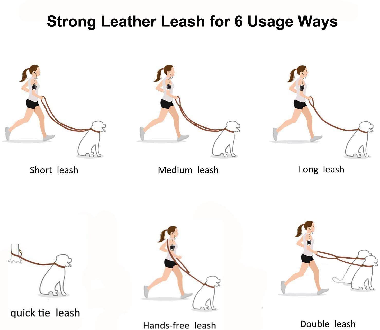 Guiding Star 8ft Leather Dog Leash - Multi-function Hands-Free Crossbody Leash for Small, Medium, Large Dogs - Black