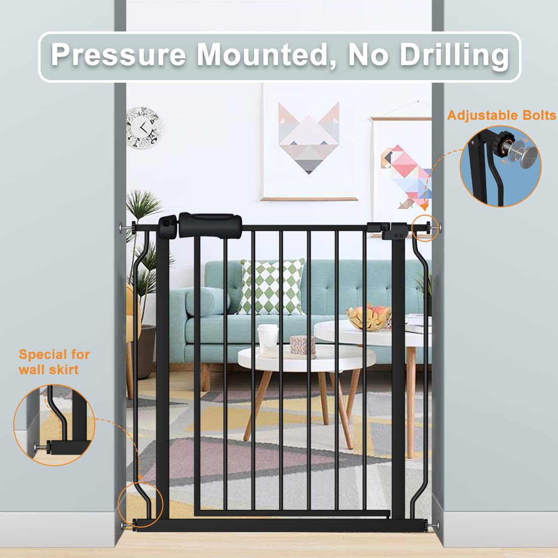 Extra Wide Baby Gate Black 48-53 Inch Wide, Walk Through Pressure Mounted No Drill, Long And Large Tension Gate For Pet And Kids