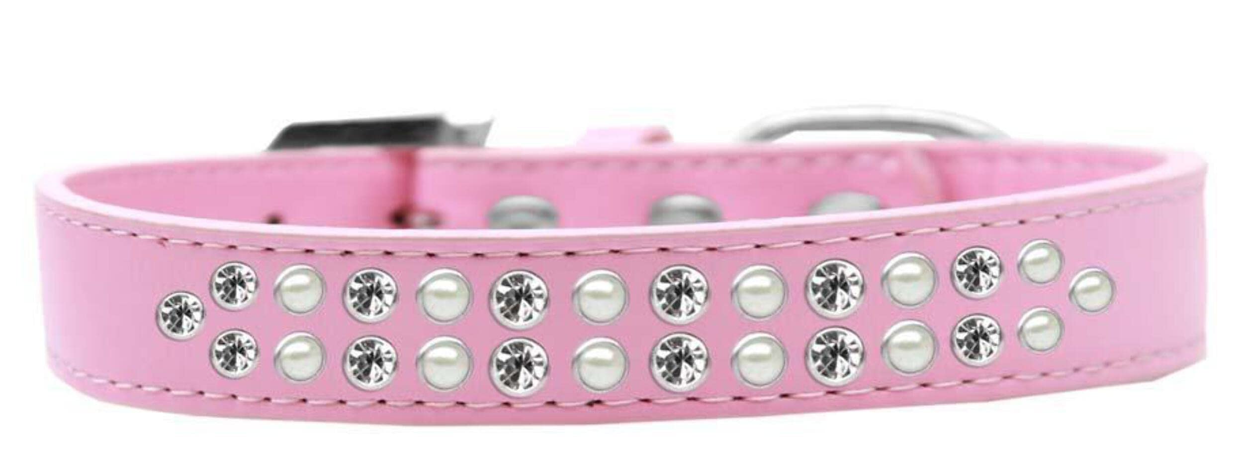 Mirage Pet Products Two Row Pearl and Clear Crystal White Dog Collar, Size 14