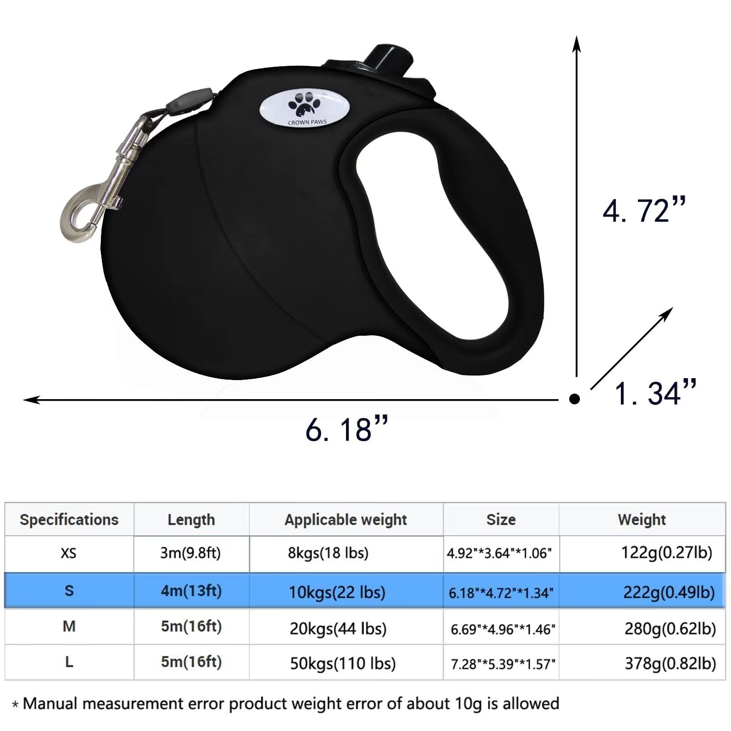 Crown Paws 13 Ft Retractable Dog Leash For Large Dogs Up To 26 Lbs,Tangle-Free Nylon Tape,Black Dan S