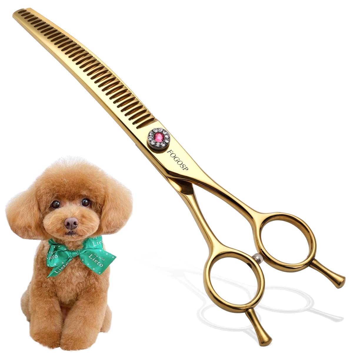 Fogosp Multipurpose Curved Chunkers Shears 7.0'' Professional Dog Grooming Scissors Downward Thinning Shears For Small Medium Pet 75% Thinning Rate(Gold)