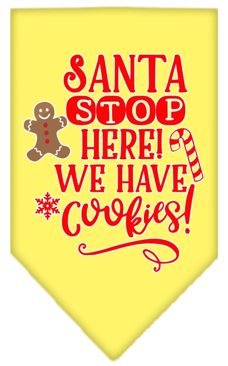 Christmas Pet and Dog Bandana Screen Printed, &quot;Santa, Stop Here! We Have Cookies!&quot; Yellow Small