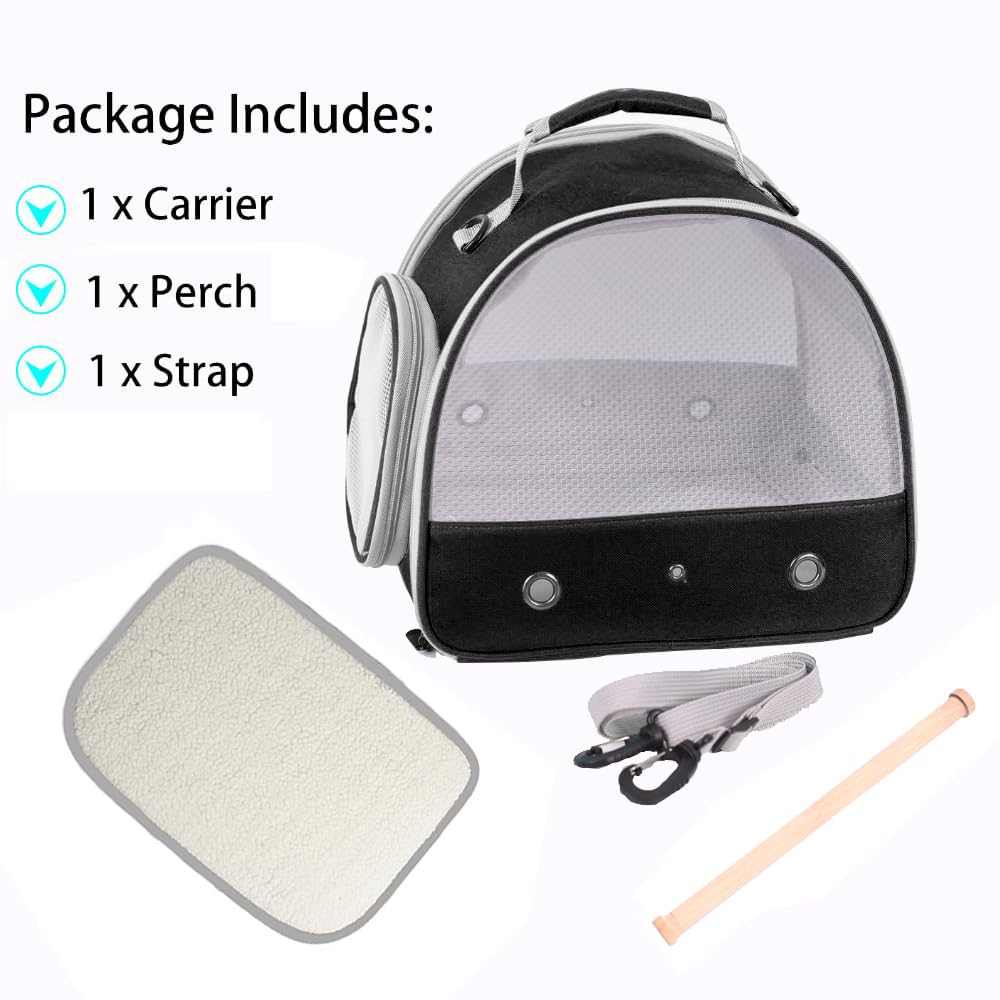 Bird Carrier, Portable Small Bird Parrot Parakeet Carrier with Standing Perch (No Tray), Side Access Window Collapsible (Black,