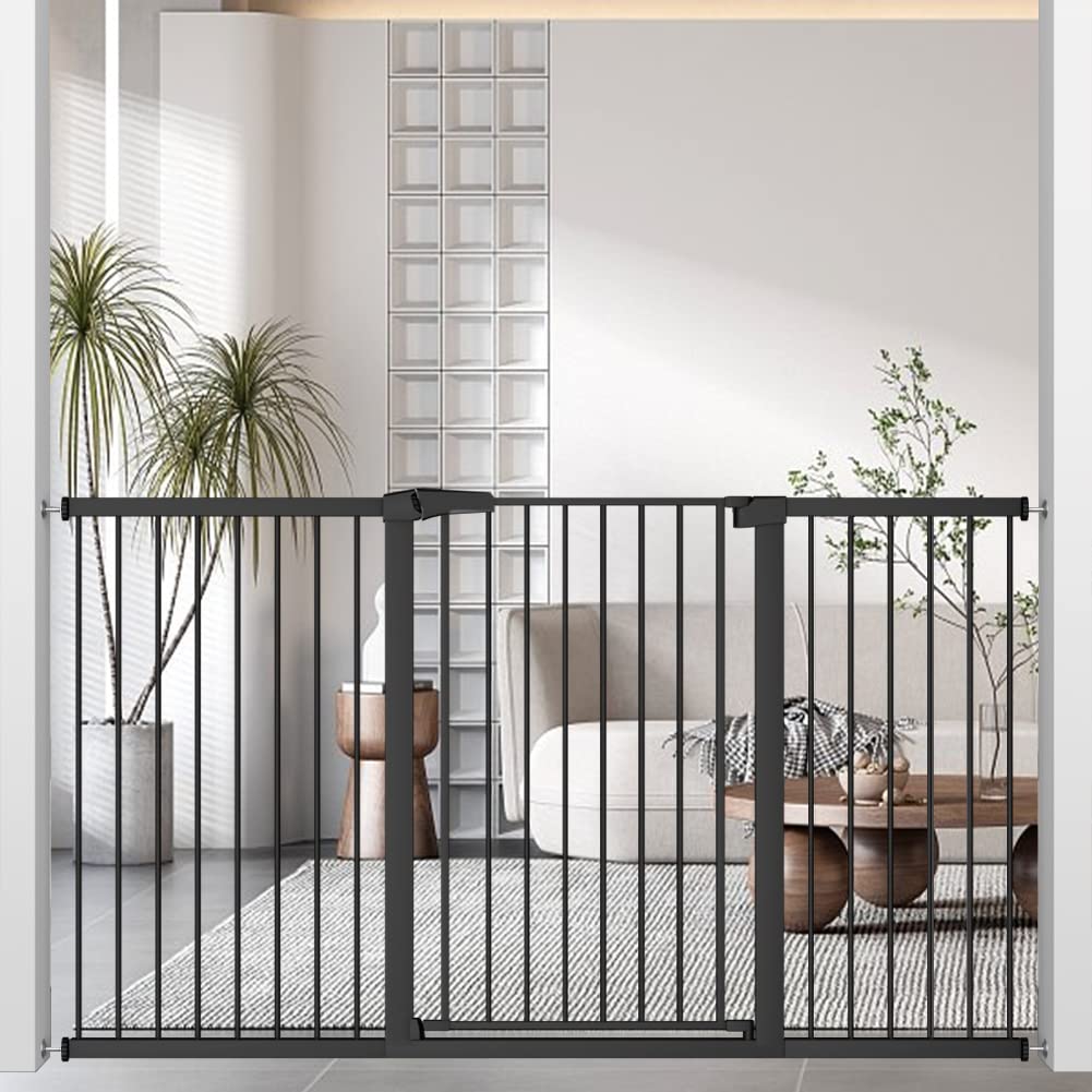 Stand 38.5' Extra Tall Dog Gate For The House - 62.60'-65.35' Wide Long Large Pressure Mounted Baby Gates With Door For Stairs Doorways - Walk Through Indoor Toddler Puppy Dog Safety Gate