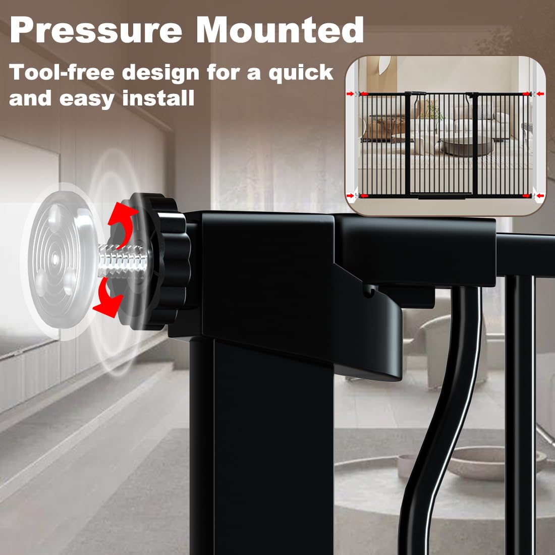 THEYFIRST Extra Tall Dog Gate - 57.5"-60.2" Pressure Mounted Metal Walk Thru Pet Gate, Auto Close, Black