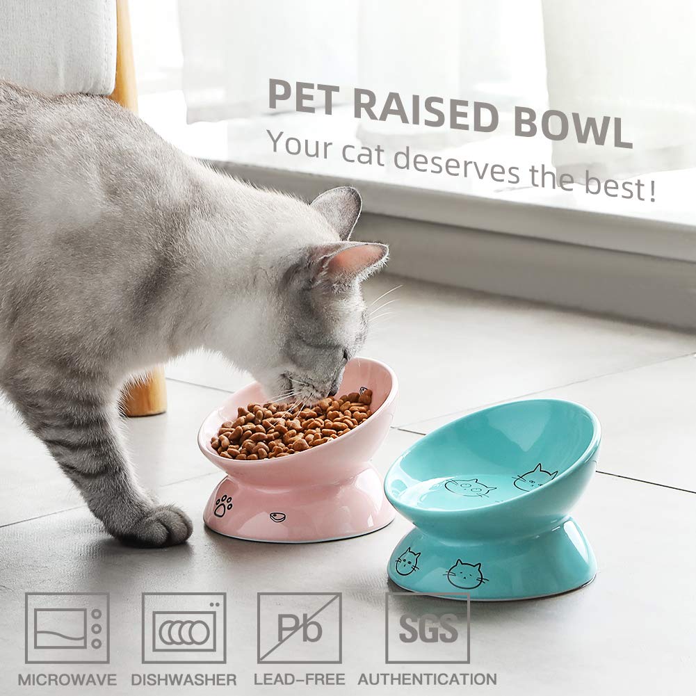 Sweejar Ceramic Raised Cat Bowls, Slanted Cat Dish Food or Water Bowls, Elevated Porcelain Pet Feeder Bowl Protect Cats Spine,