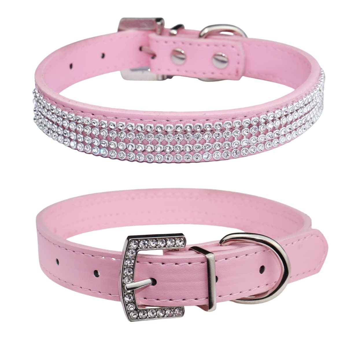 Thain Basic Adjustable Dog Cat Collar Bling Rhinestones Shing Diamonds Pu Leather With Rhinestones Buckle (M(Length 12'-15'), 
