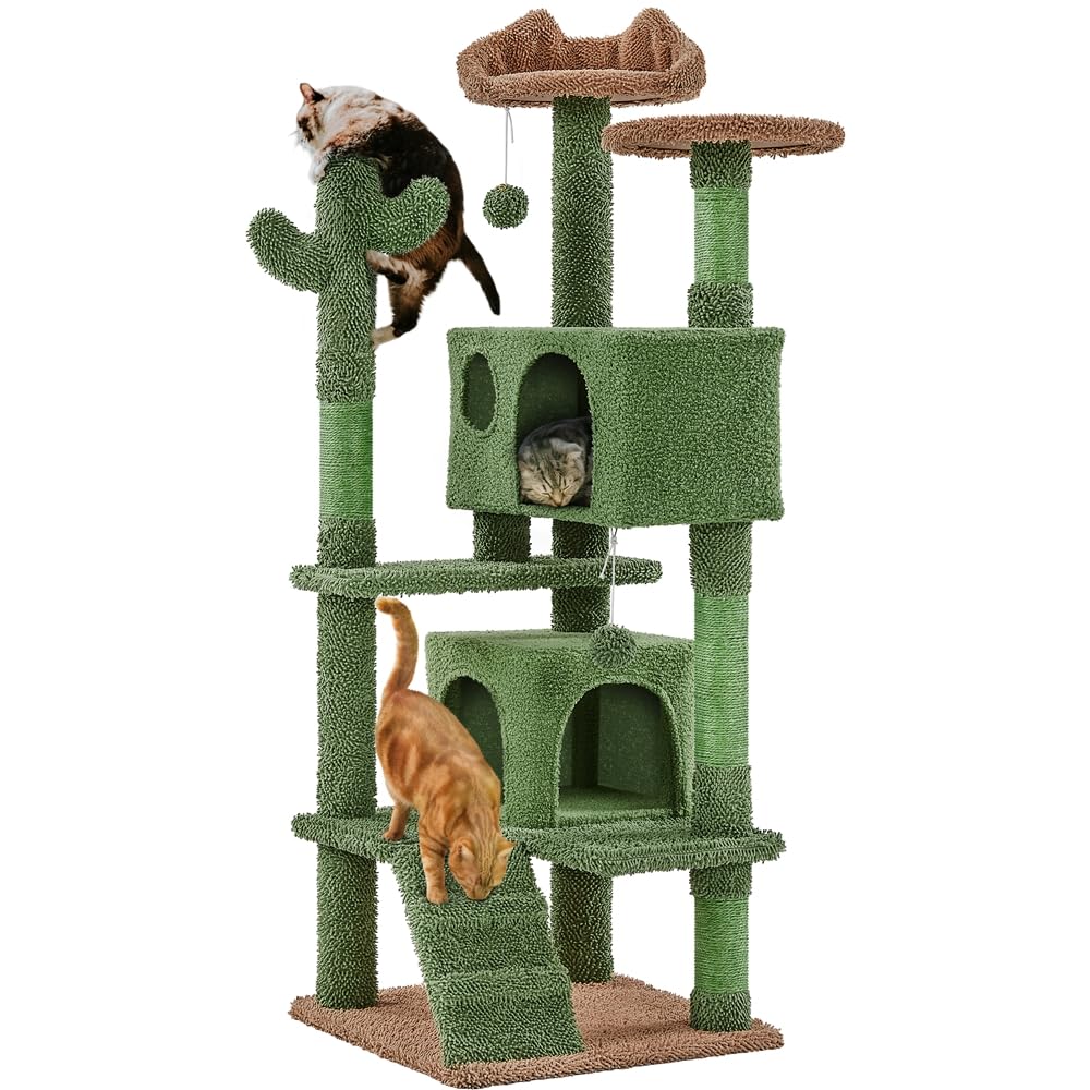 Yaheetech Cactus Cat Tree, 54.5In Tower W/Ramp, Animal-Ear Shaped Perch, Scratching Posts, Platform & Hanging Ball, Multi-Level 