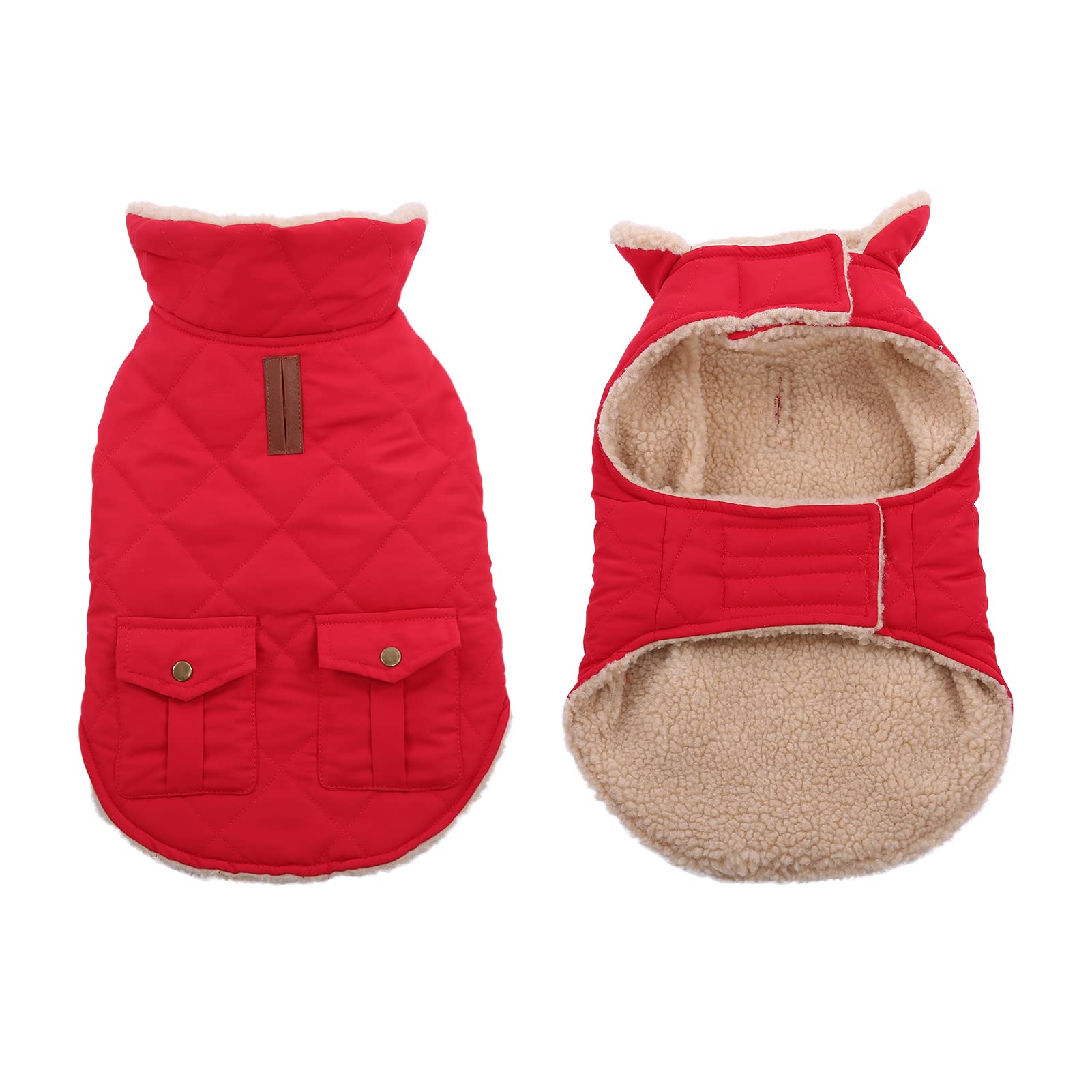 Queenmore Warm Dog Coat, Cold Weather Puffer Dog Coat, Quilting Winter Dog Jacket Ultra Thick Plush Lining With Storage Pockets (Red, X-Small)