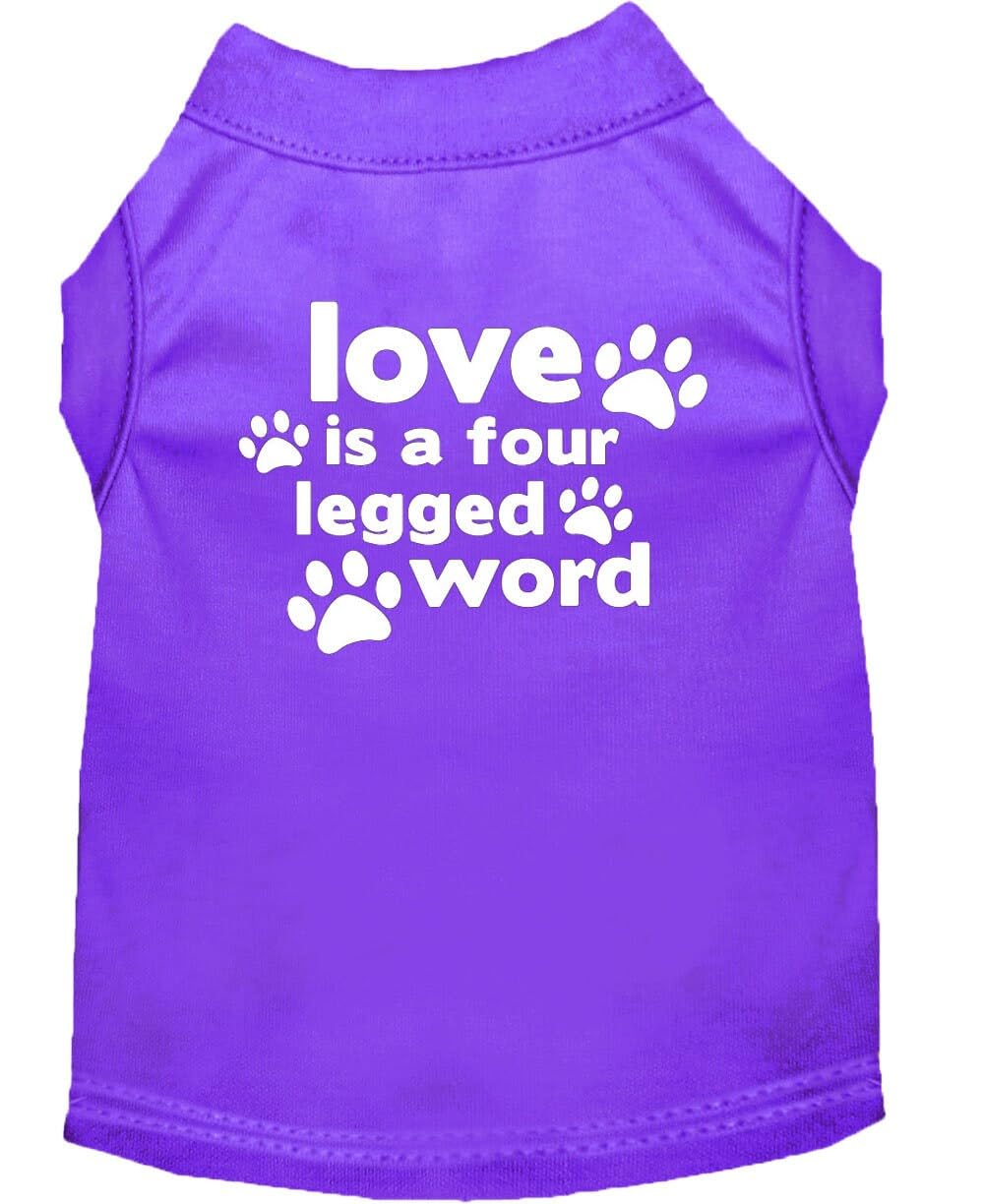 Pet Dog & Cat Shirt Screen Printed, 'Love Is A Four Legged Word' Purple Xs (0-3 Lbs.)