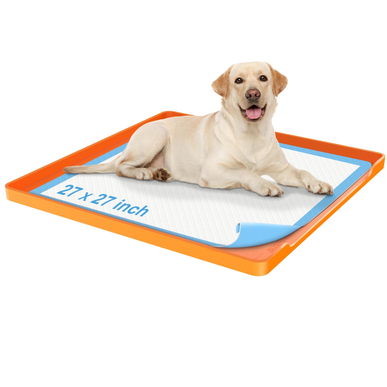 Pee Pad Holder For Dogs, 27''X27'' Leak-Proof Dog Potty Tray With Non-Slip Silicone Mat & Raised Edge, Orange