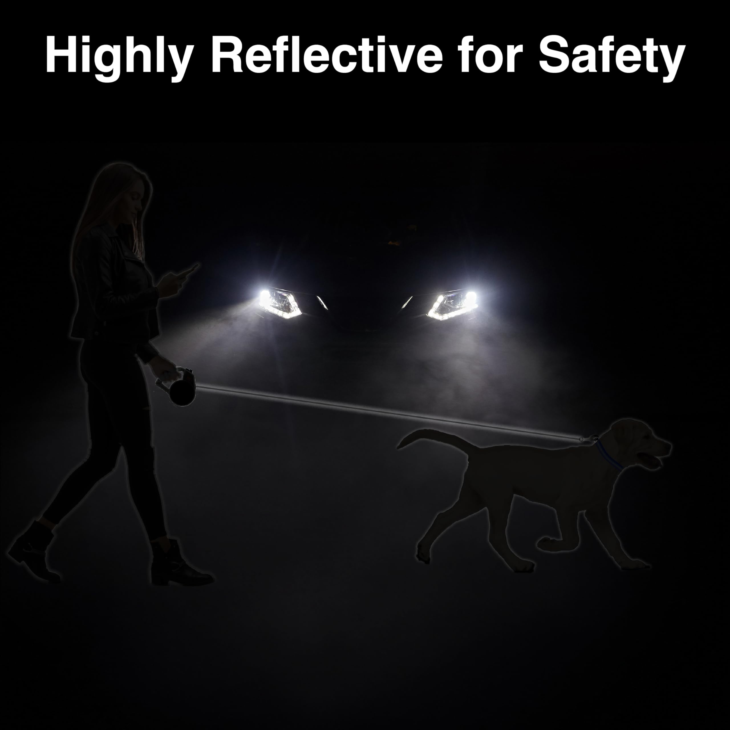 WIGZI Retractable Dog Leash, Medium Black - Durable Liquid Filled Gel Handle, Reflective Tape, Rust Proof, EZ Lock, Enhanced Retraction Technology