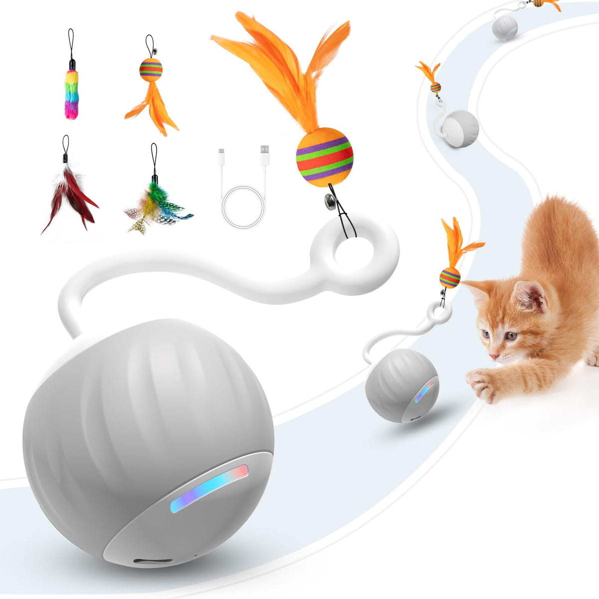 Aaa Amusang Interactive Cat Ball Toy And Feather Toys Refills For Indoor Cats, Automatic Cat Enrichment Toys - Grey