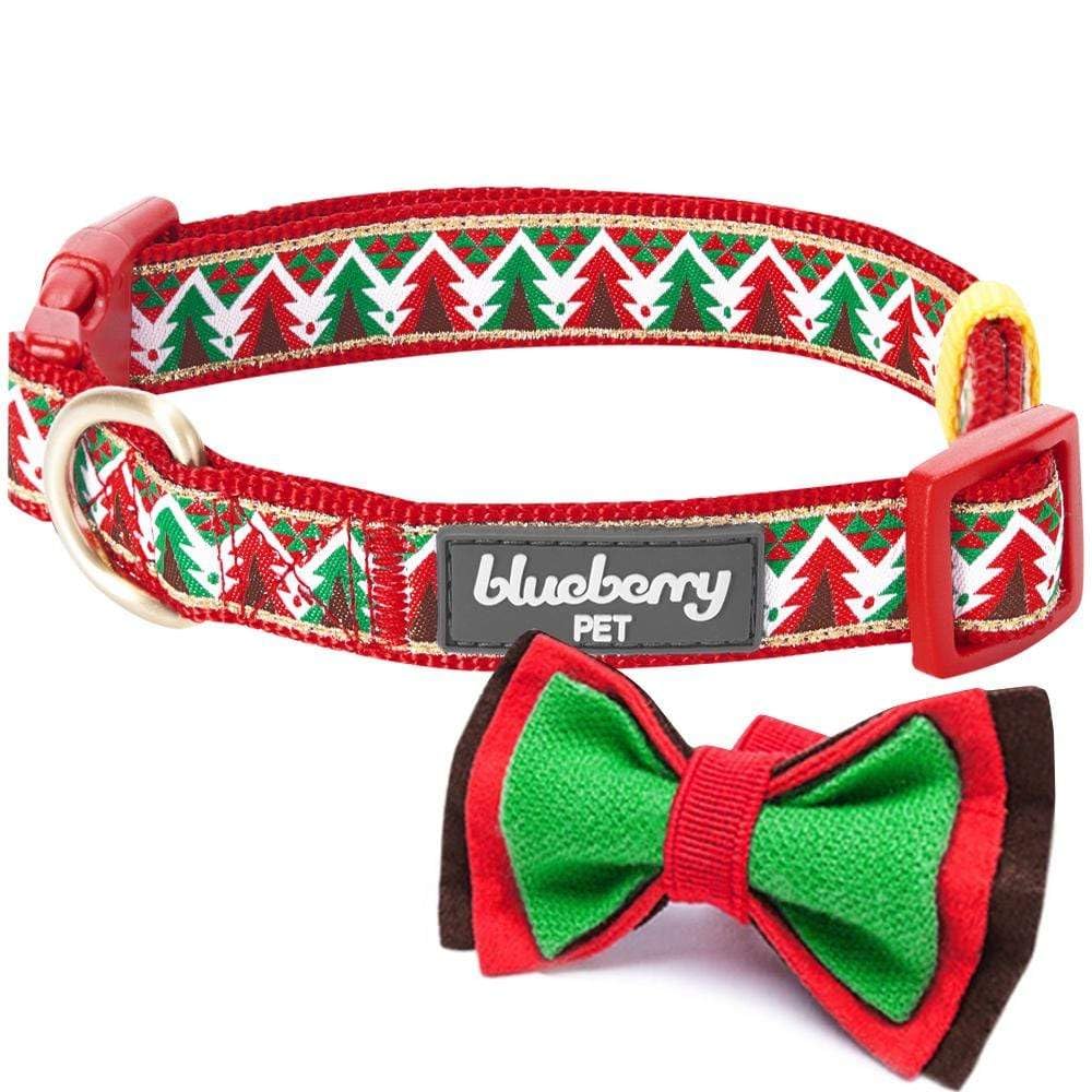 Blueberry Pet 4 Patterns Christmas Charm Breezy Trees Adjustable Dog Collar With Detachable Bow Tie, Small, Neck 12'-16'
