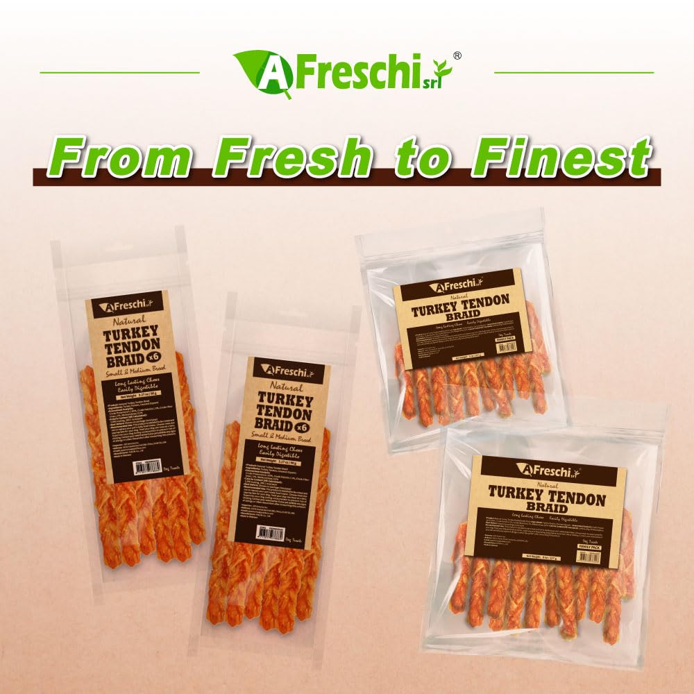 A Freschi srl Turkey Tendons for Dogs - Healthy, Rawhide-Free Chews, 6 Count Pack Braid for Medium Breeds