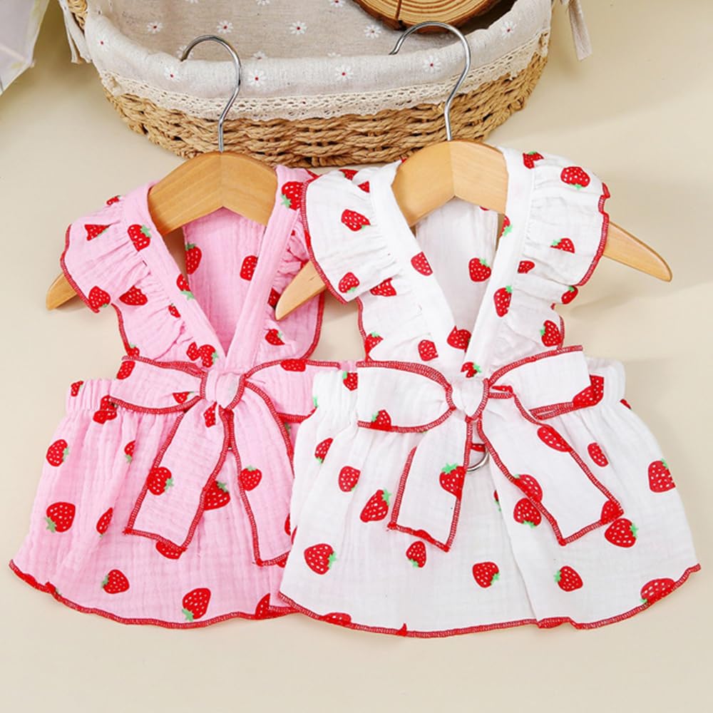 Dog Dresses For Small Dogs Girl, 100% Cotton Girl Dog Clothes With Leash Ring & Bow Decor,Cute Small Dog Clothes For Girls Straw