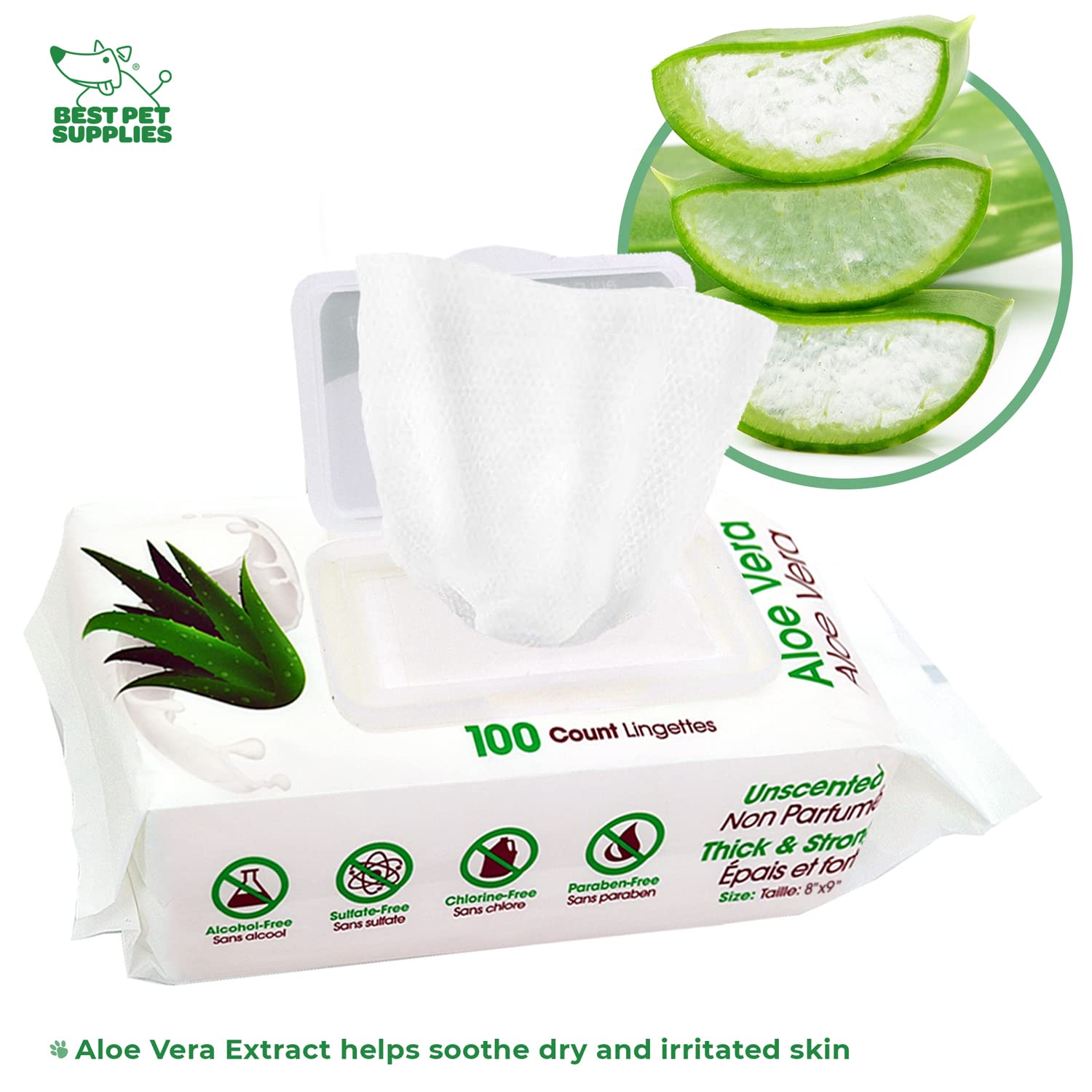 Best Pet Supplies 8'' X 9'' Pet Grooming Wipes For Dogs & Cats, 100 Pack, Plant-Based Deodorizer For Coats & Dry, Itchy, Or Sens
