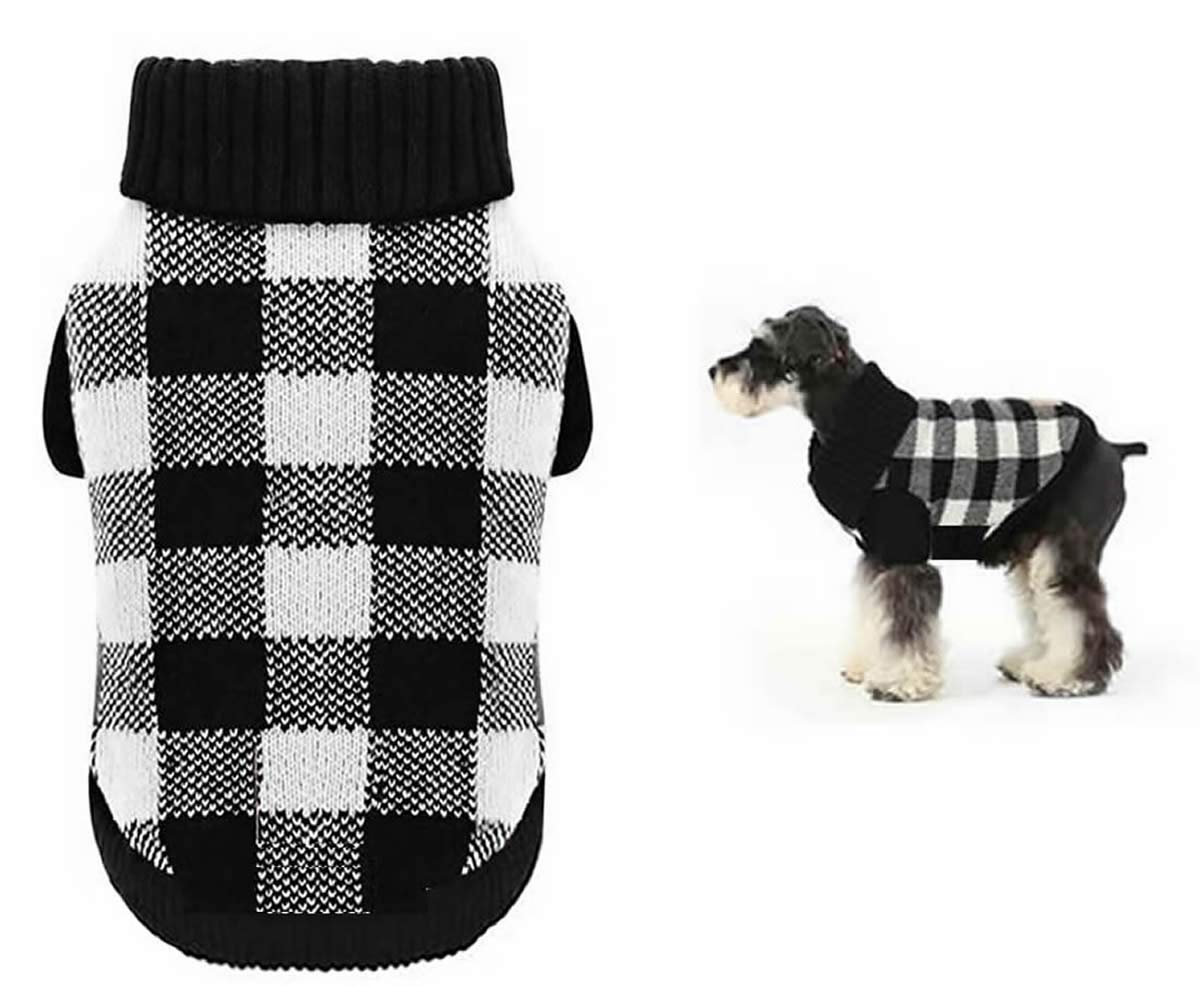 A&L White Black Plaid Knitted Turtleneck Pet Sweater Dog Winter Clothes For Medium Dogs,Large (L) 16' Back Length