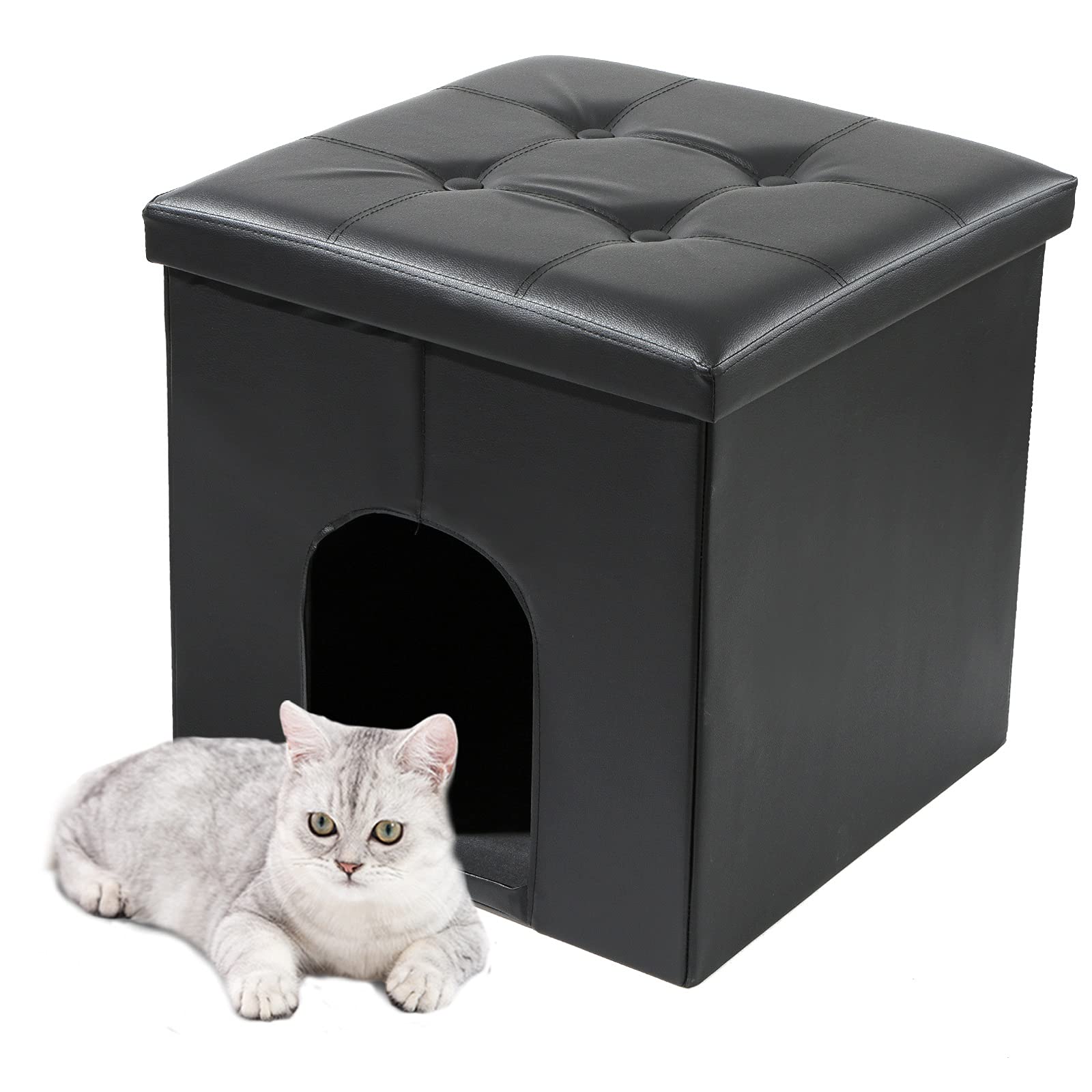 Meexpaws Cat Litter Box Enclosure Furniture Hidden, Small Cat Washroom Bench Storage Cabinet 20'' X 20'' X 20''| Dog Proof | Waterproof Inside | Easy Clean | Easy Assembly | Odor Control(Black)