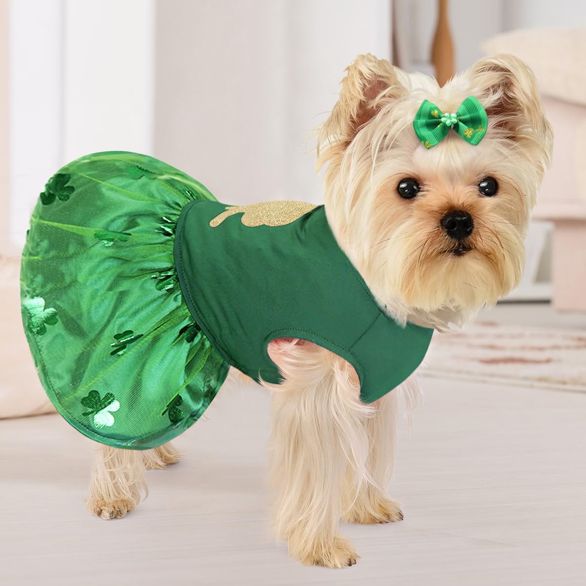 Idepet St. Patrick'S Day Dog Dress With Bow Dog Tulle Skirt For Small Dog Girls Green Puppy Dress Cat Apparel Pet Holiday Outfit