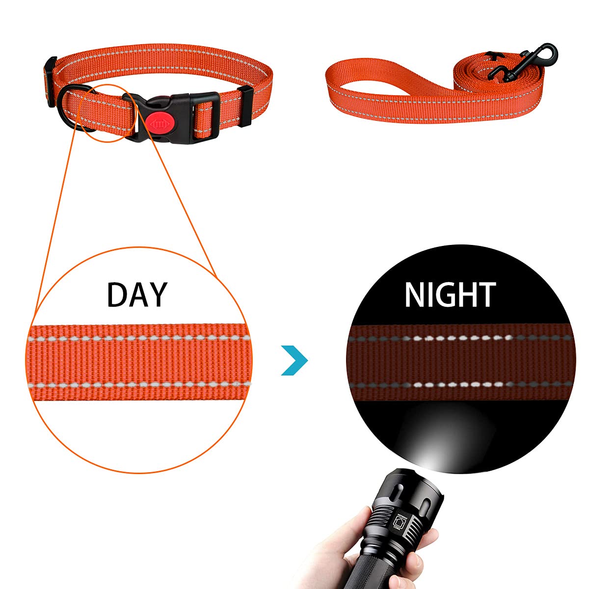 Reflective Dog Collar And Leash Set With Safety Locking Buckle Nylon Pet Collars Adjustable For Small Medium Large Dogs 3 Sizes(Orange&S)