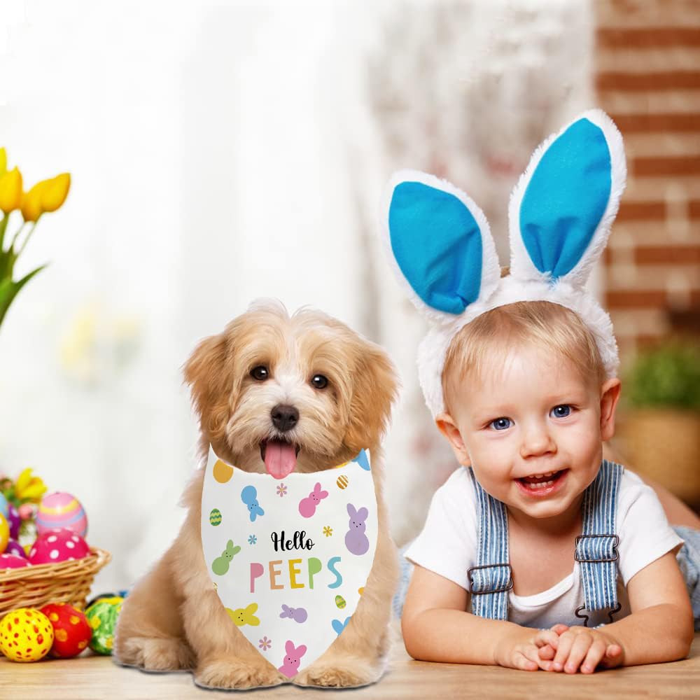Easter Dog Bandanas 2 Pack, Adjustable Colorful Bunnies Eggs Triangle Easter Dog Outfits Reversible Dog Costume For Small Medium
