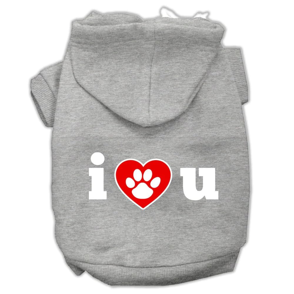 Pet Dog & Cat Hoodie Screen Printed, I Love U Gray SM (3-6 lbs.)