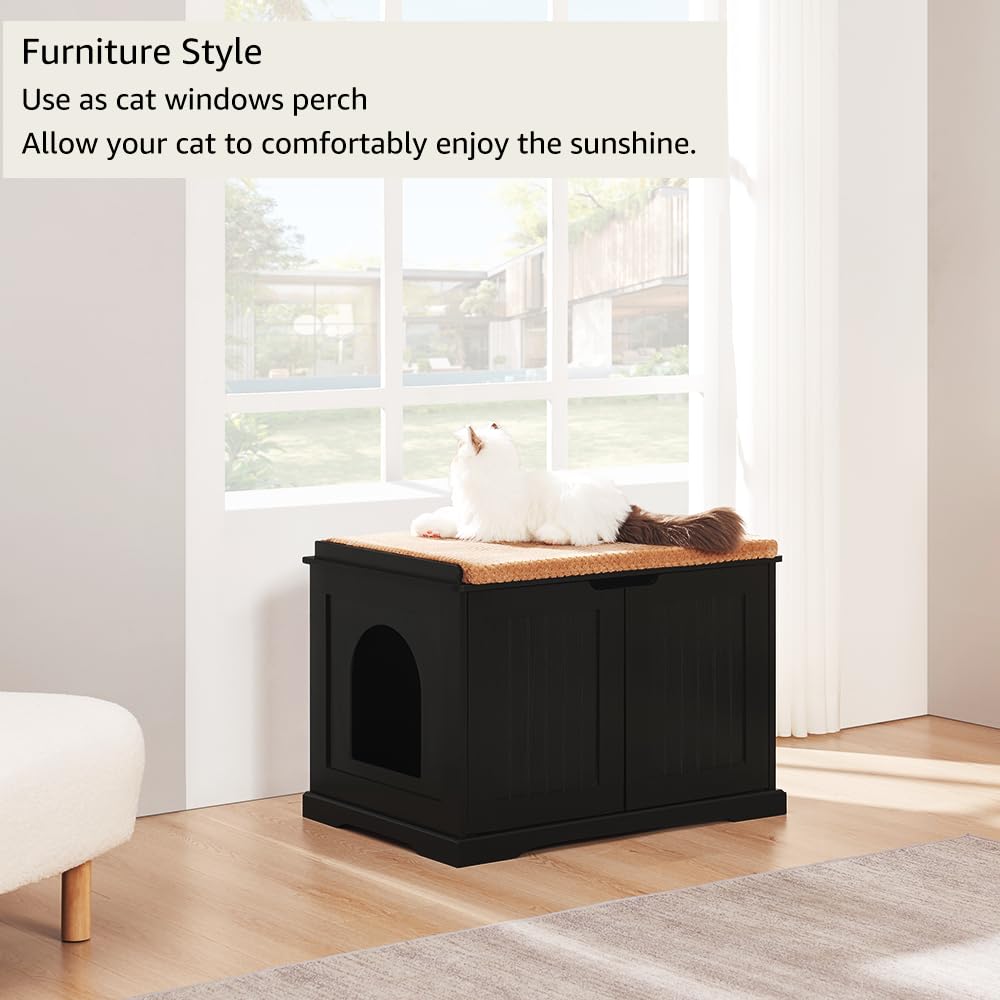 unipaws Black Cat Litter Box Enclosure Furniture, Kitty Hidden Litter Box Cover, Concealed Litter Box Cabinet, Dog Proof Cat Lit