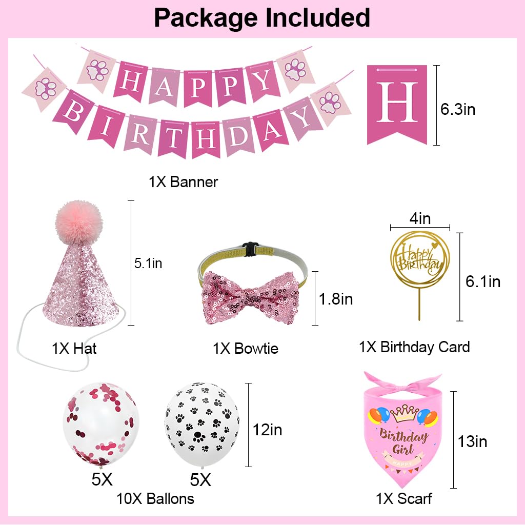 Enmaipet Dog Birthday Party Supplies, Dog Girl Birthday Bandanas Set, Pet Birthday Hat With Scarf, Birthday Banner, Balloons And
