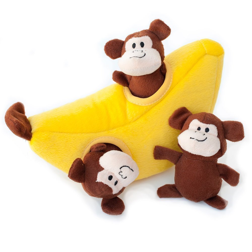 ZippyPaws Burrow, Zoo Friends Monkey 'n Banana - Interactive Dog Toys for Boredom - Hide and Seek Dog Toys, Colorful Squeaky Dog