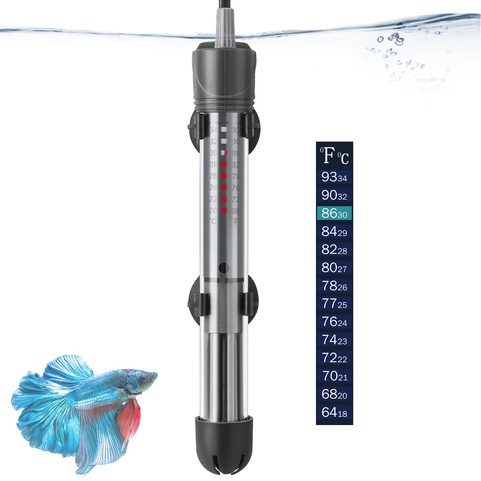 Hitop 25W 50W 100W 200W 300W Adjustable Aquarium Heater, Submersible Fish Tank Heater Thermostat With Suction Cup (50W)