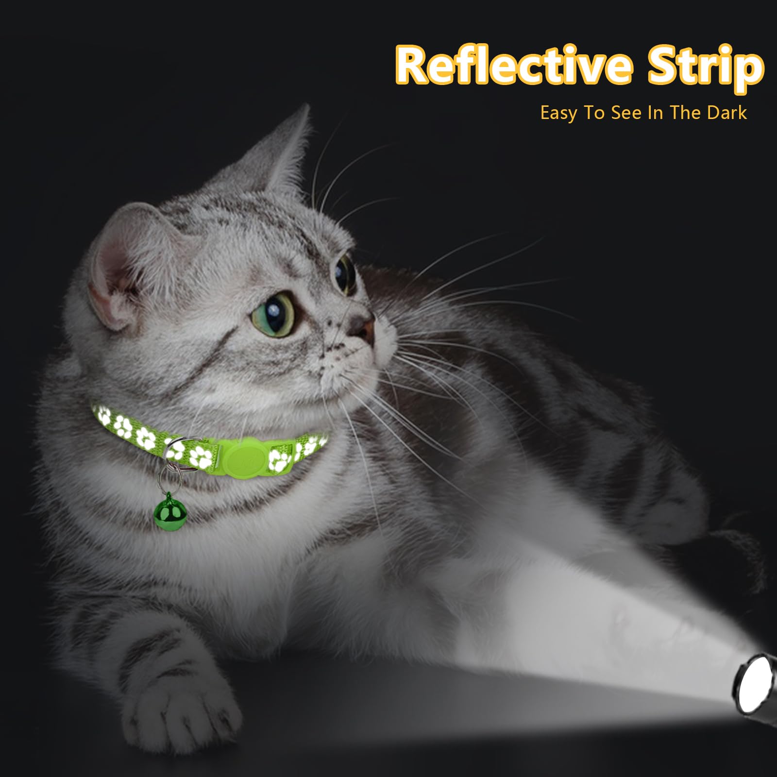 Taglory Reflective Cat Collars Breakaway With Bell, 2-Pack Girl Boy Pet Kitten Collar Adjustable 7.5-12.5 Inch, Green