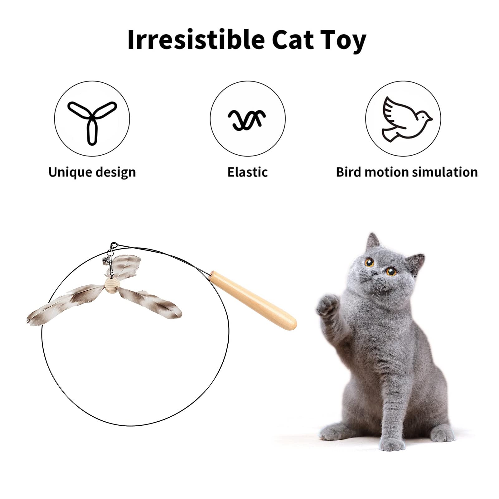 Fukumaru Cat Wand Toy, 35.5 Inch Cat Feather Propeller Toy With Bell, Steel Wire Cat Toy For Indoor Cats With 4Pcs Natural Feath
