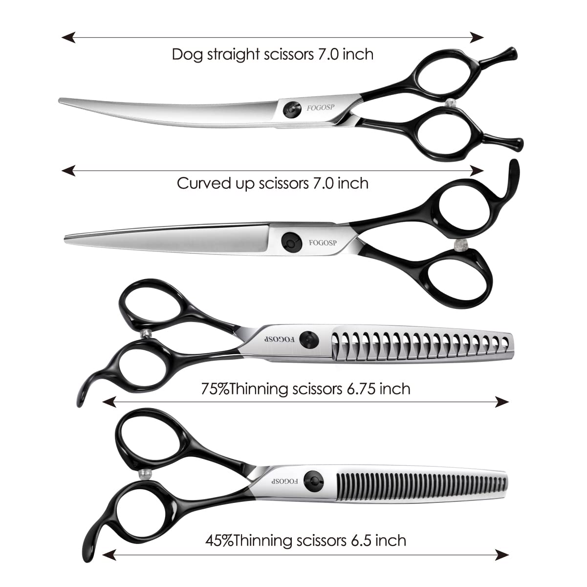 Professional Dog Grooming Scissors Kit 4Pcs Fogosp 7 Inch Curved Thinning Straight Chunker Shears For Dogs Cat Pets (7 In Kit, B