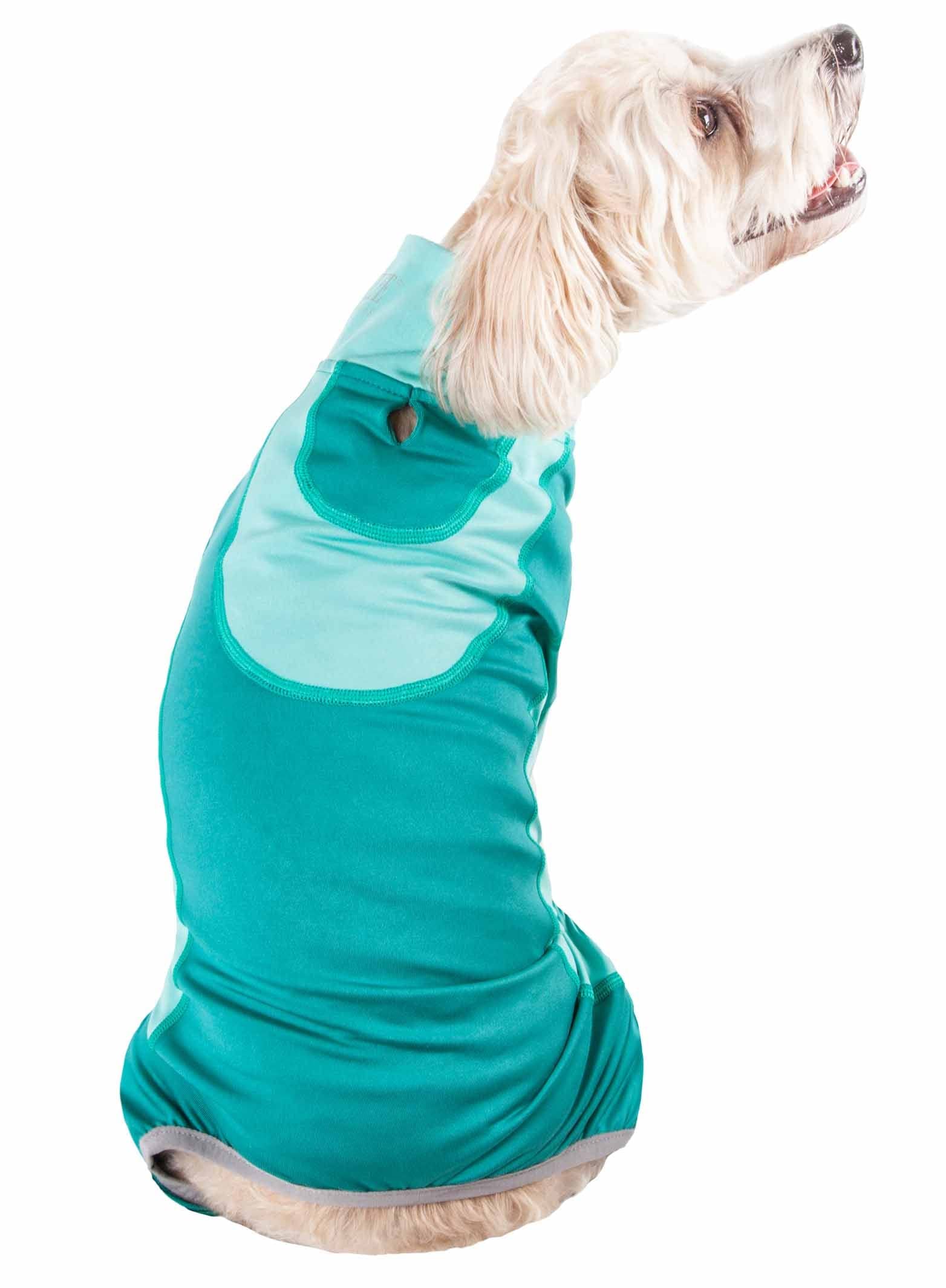 Pet Life Active Warm-Pup Heathered Performance 4-Way Stretch Two-Toned Full Body Warm Up Small Green