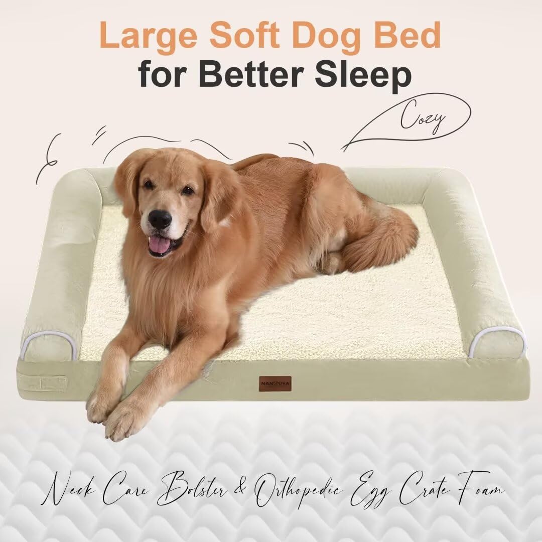 Large Dog Bed Orthopedic Washable: Jumbo Dog Bed Bolster Extra Large Dogs Egg Crate Foam Sofa Couch Waterproof Removable Cover - Beige