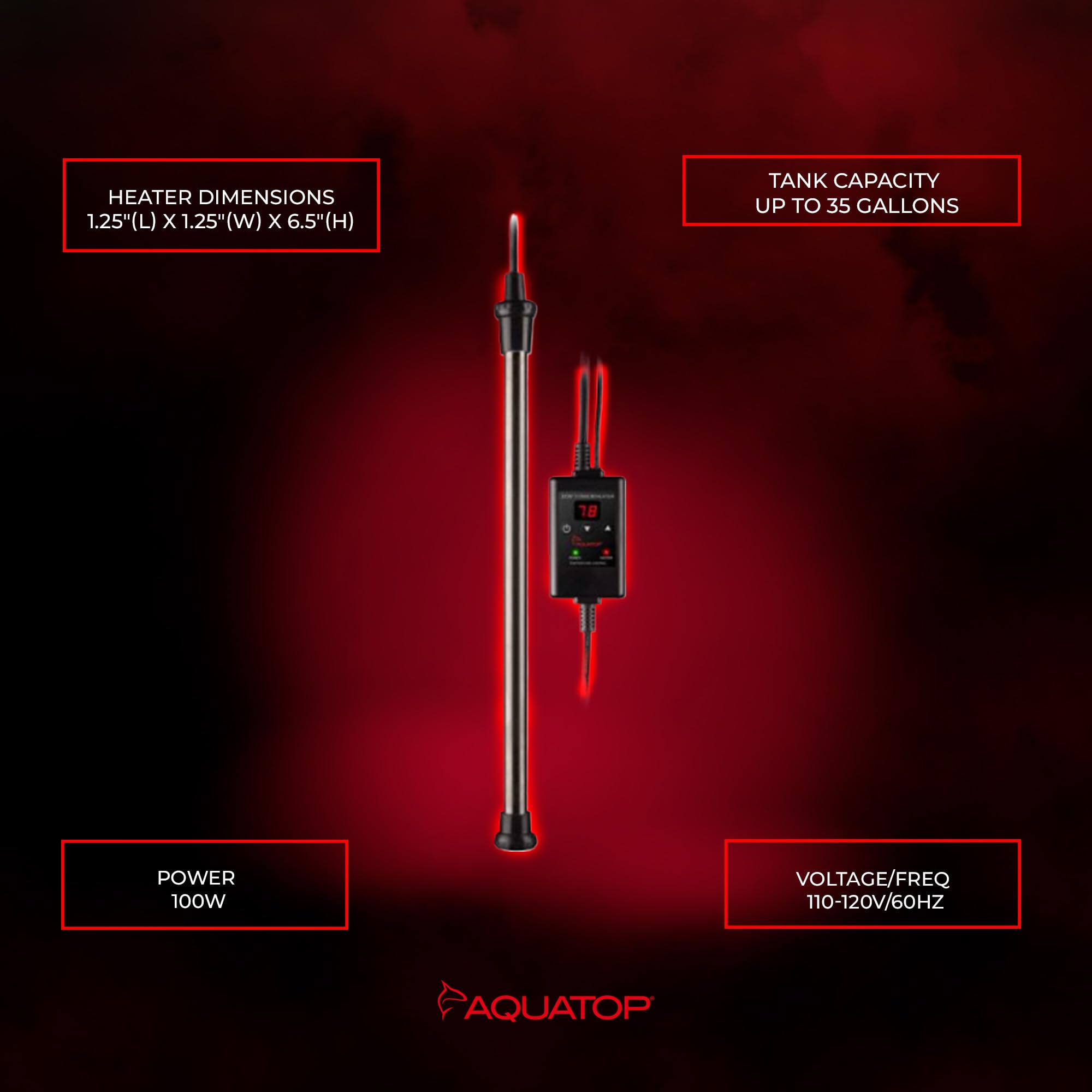 Aquatop TH-C100 Titanium Heater - Fully Submersible, Adjustable Temp, 100W for Turtles & Large Fish, Up to 35 Gallons