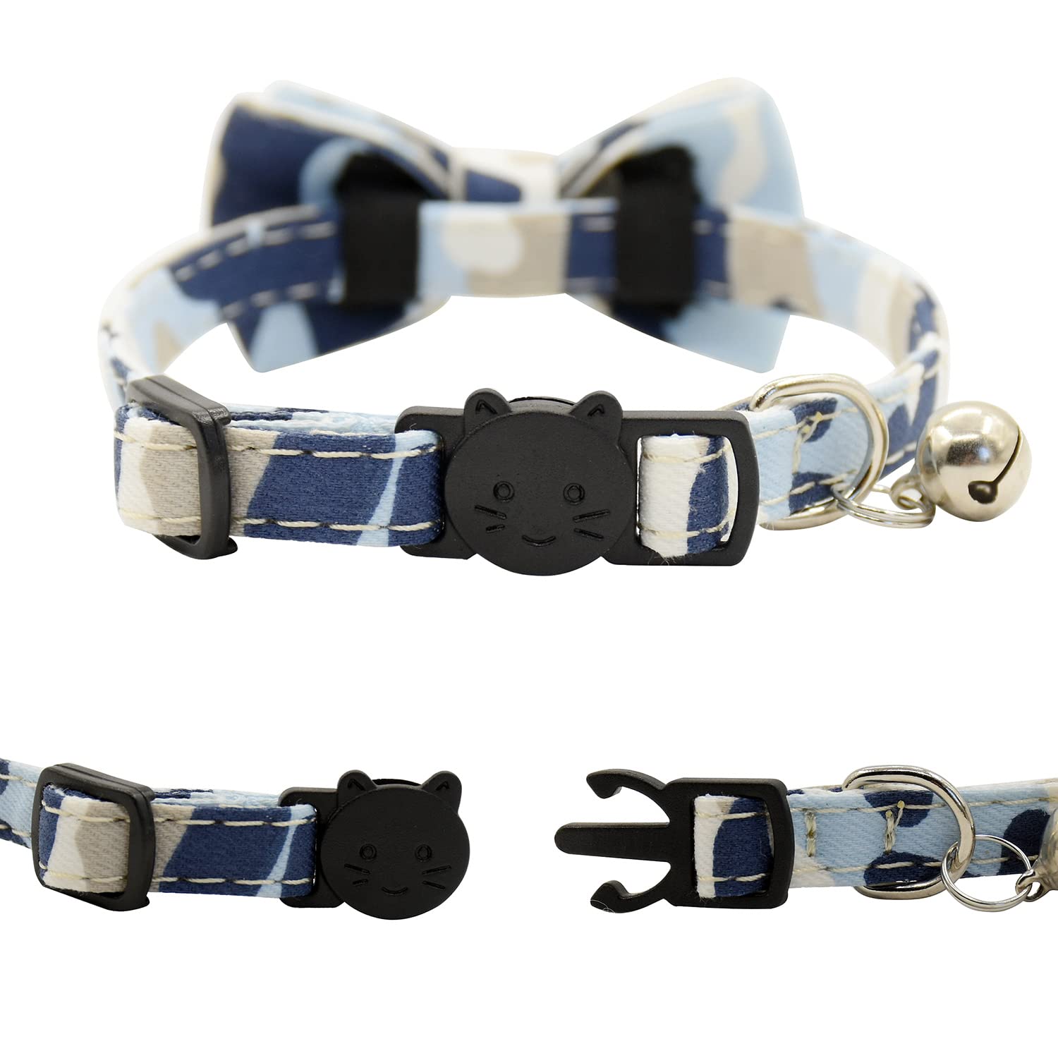 Cat Collar Breakaway With Bell And Bow Tie, Plaid Design Adjustable Safety Kitty Kitten Collars(6.8-10.8In) (Camouflage 2&3)
