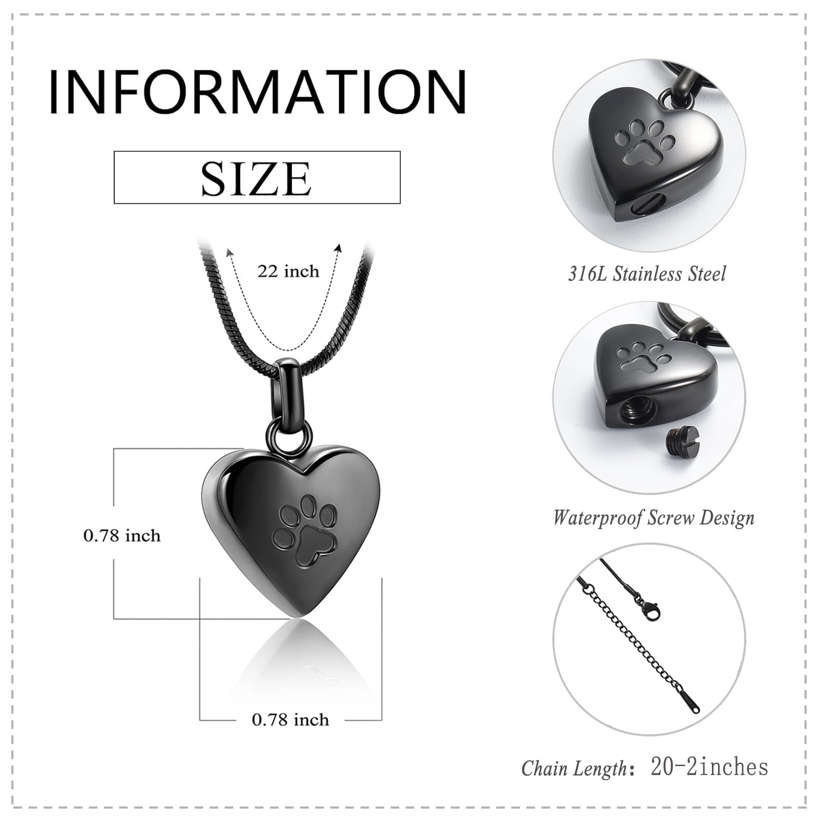Zeqingjw Pet Cremation Jewelry For Ashes Pendant Paw Print Pet Heart Urn Necklace Memorial Keepsake Jewelry For Pet/Dog'S/Cat'S Ashes (Black)