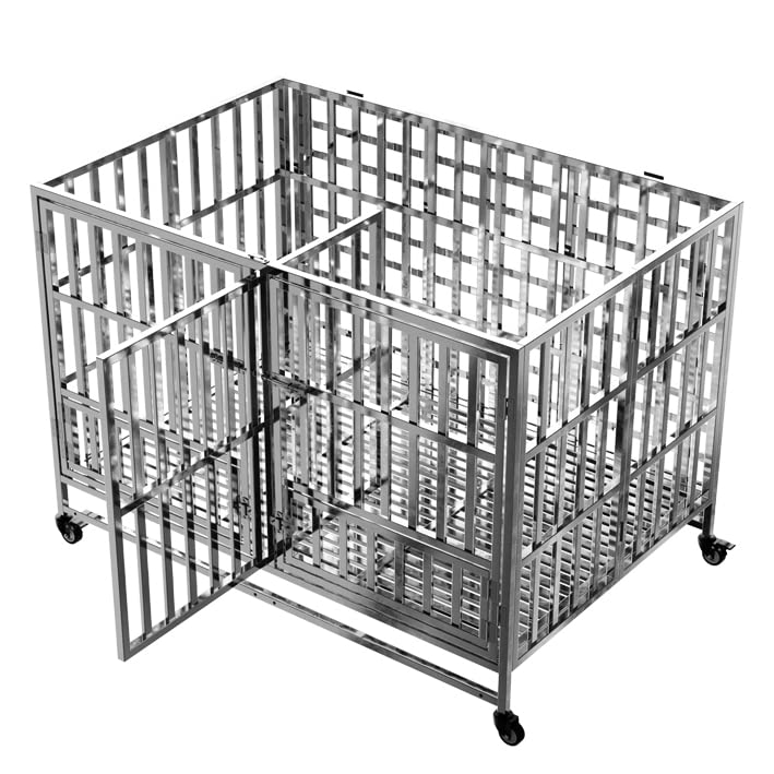 FoQualy Collapsible Stainless Steel Dog Crate, 30 37 42 48 Sizes, Lockable Wheel, with Tray, Stackable, Heavy Duty, Divider, Ind