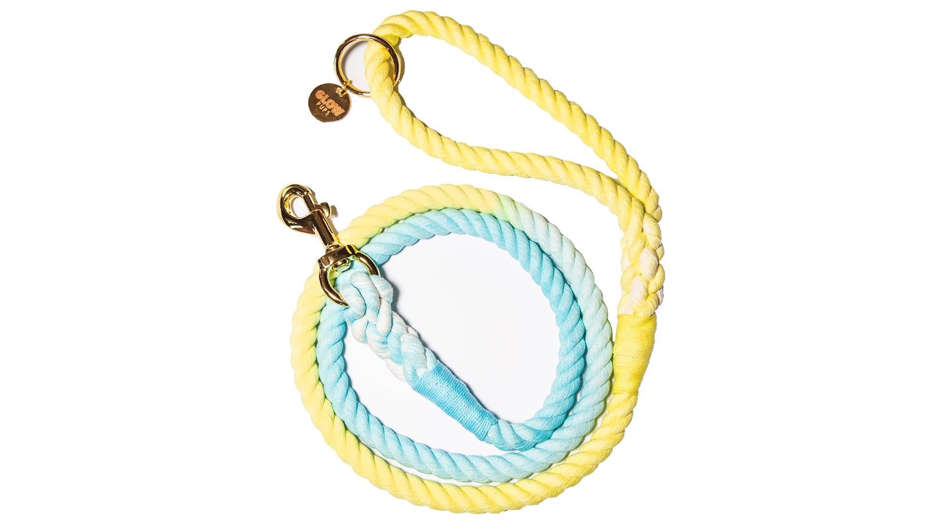 Glow Pups Yellow And Blue Leash For Dogs, Handmade Organic Cotton Tie Dyed Rope Leash For Dogs With A Snap Hook, Dog Rope Leash, Ombre Dog Leash, Blue Leash, Yellow Leash (Yellow Blue)