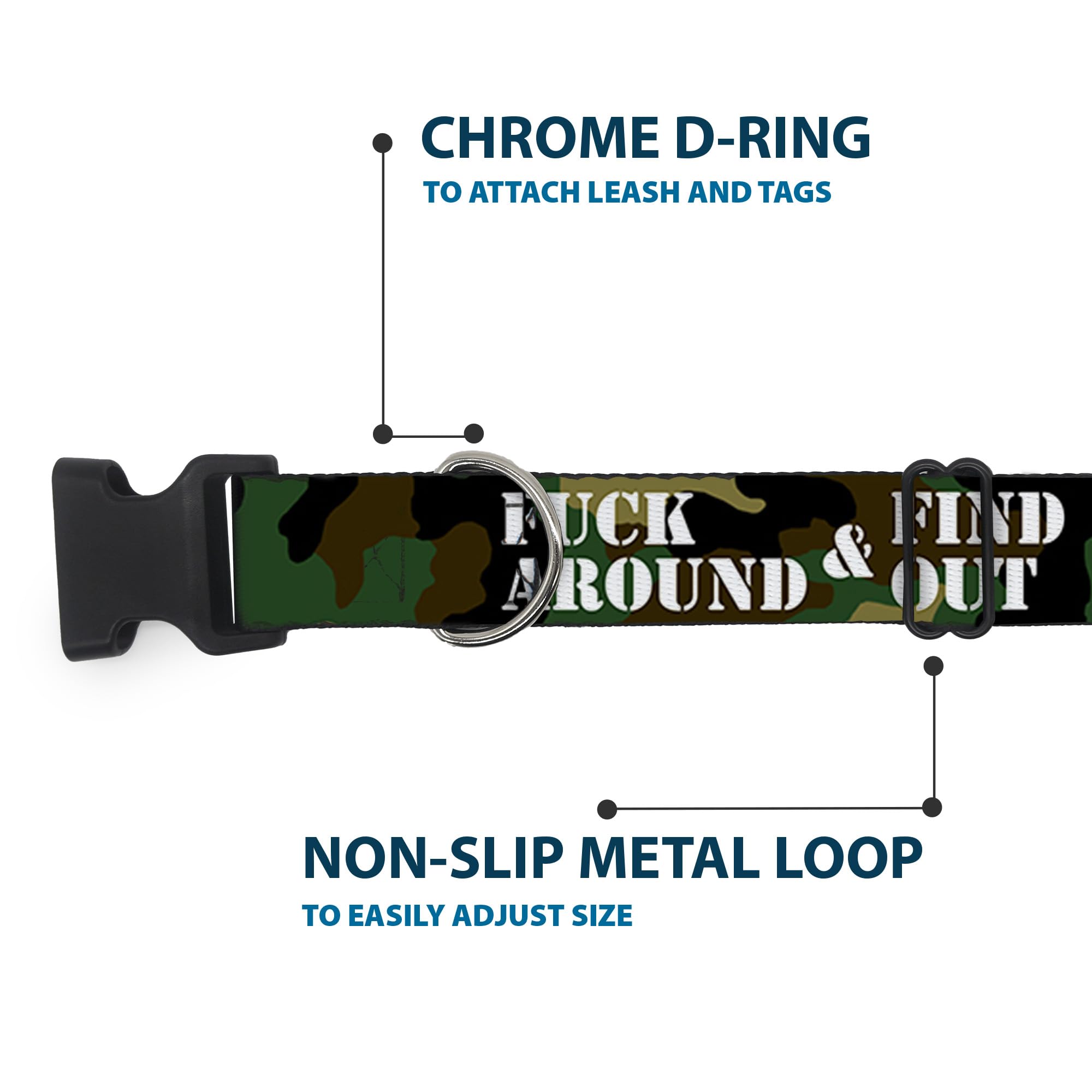 Buckle-Down Dog Collar Plastic Clip Fafo Fuck Around And Find Out Stencil Camo White 18 To 32 Inches 1.5 Inch Wide
