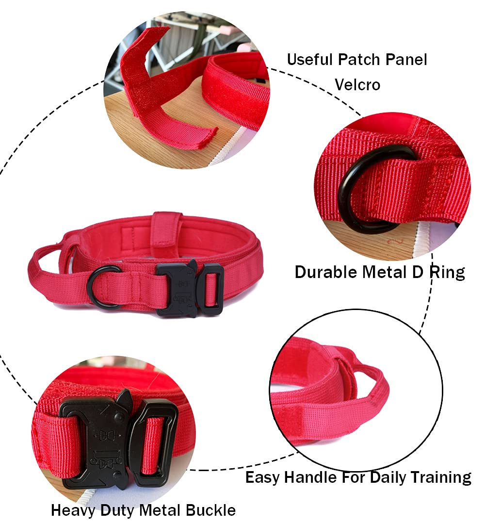 Tactical Dog Collar Military Dog Collar Adjustable Nylon Dog Collar Heavy Duty Metal Buckle With Handle For Dog Training (Red,Xxl)