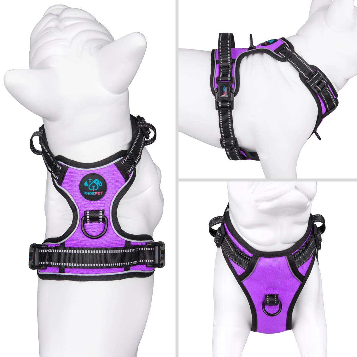 PHOEPET Reflective Dog Harness No Pull Large Breed Vest with 2 Metal Leash Attachment Hooks(L, Purple)