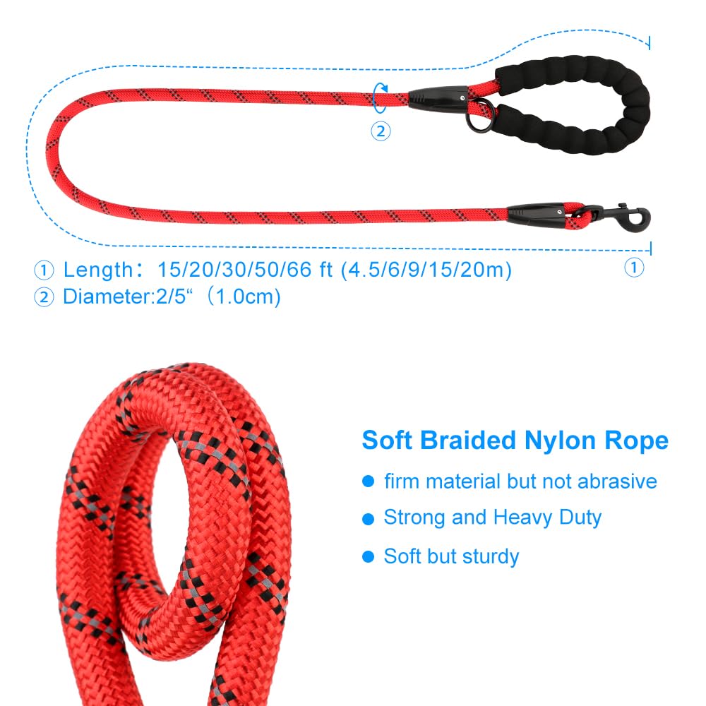 Plutus Pet Long Rope Dog Leash, With Comfortable Padded Handle, Reflective Nylon Heavy Duty Rope Leash, 15Ft 20Ft 30Ft 50Ft 66Ft Dog Training Leash For Small Medium Large Dogs (50Ft, Red)