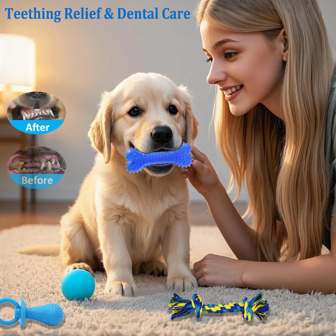 Beiker 20 Pack Puppy Chew Toys - Blue Dog Teething Toys For Puppies, Puppy Teething Rings And Durable Ropes, Blue Rubber Toy Bun