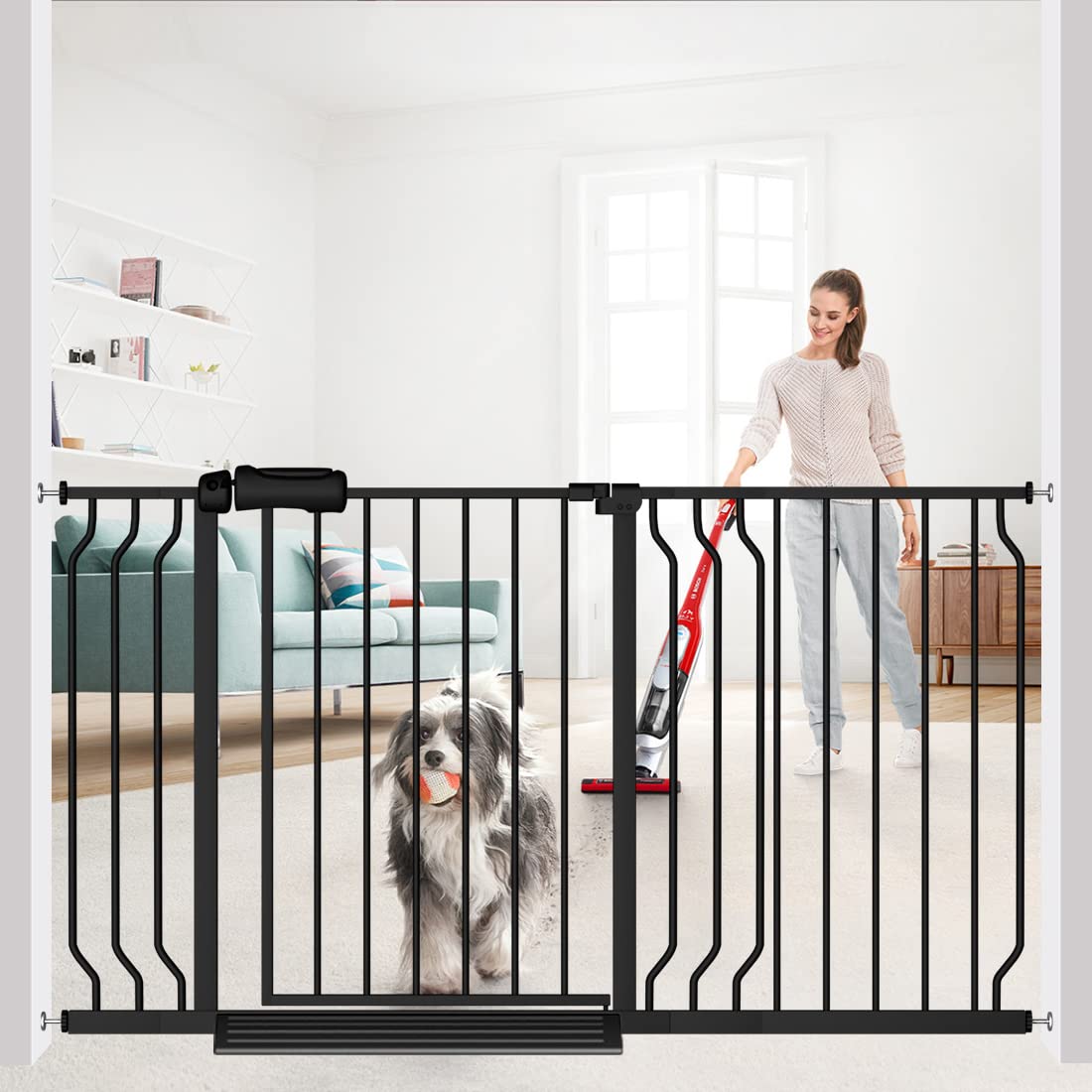 Flower Frail Extra Wide Baby Gate Black 53-57.5 Inch Wide Walk Through Pressure Mounted No Drill Long and Large Tension Metal Ga