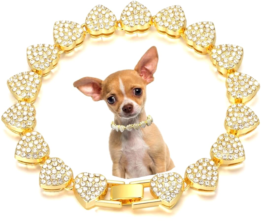 Pimaodog Dog Chain Collar, Heart Style Bling Diamond Cuban Link Dog Collars Glitter Chain Rhinestone Puppy Necklace For For Xxs 